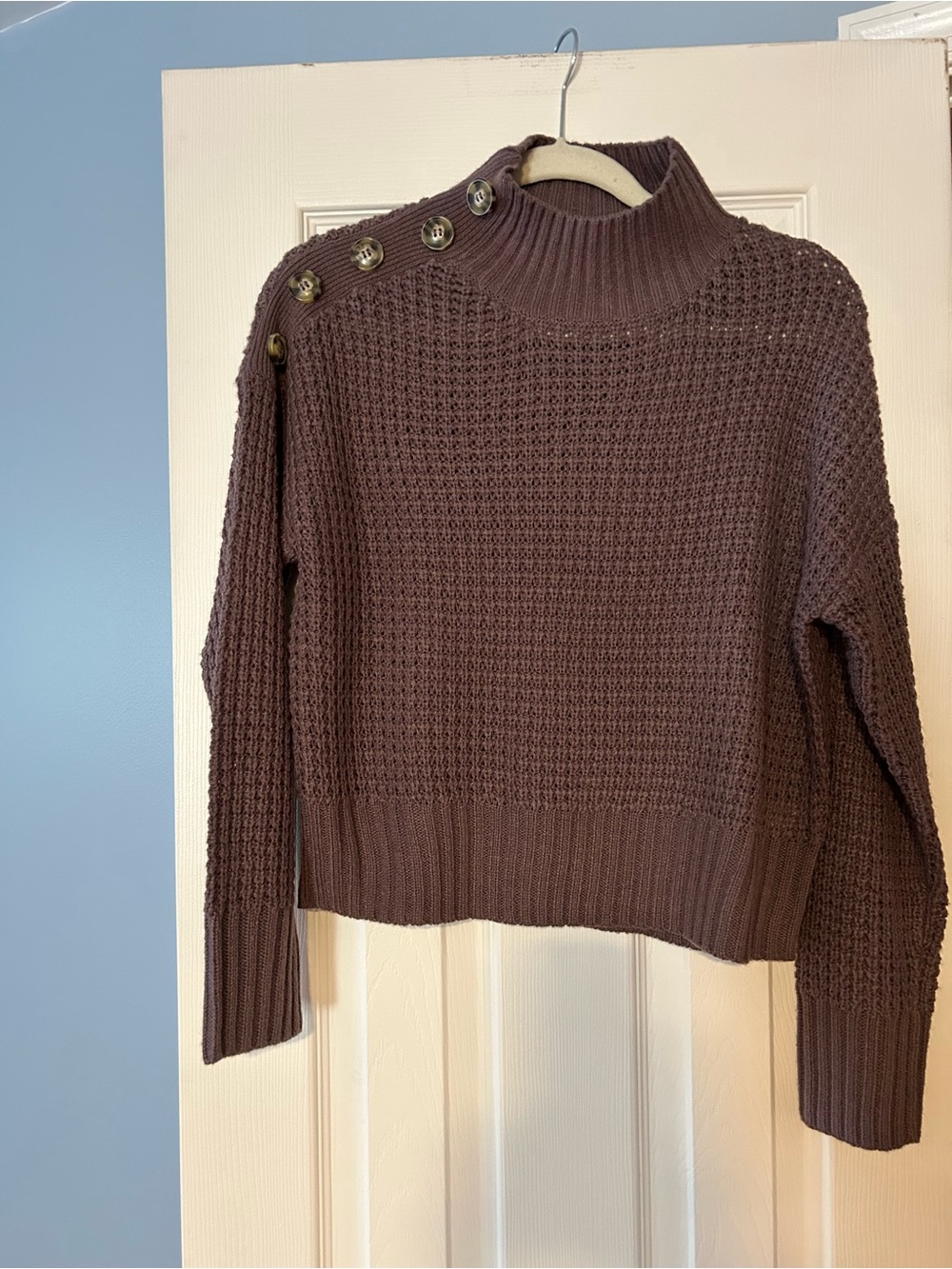 Button-Shoulder Mock Neck Sweater in Mauve Brown